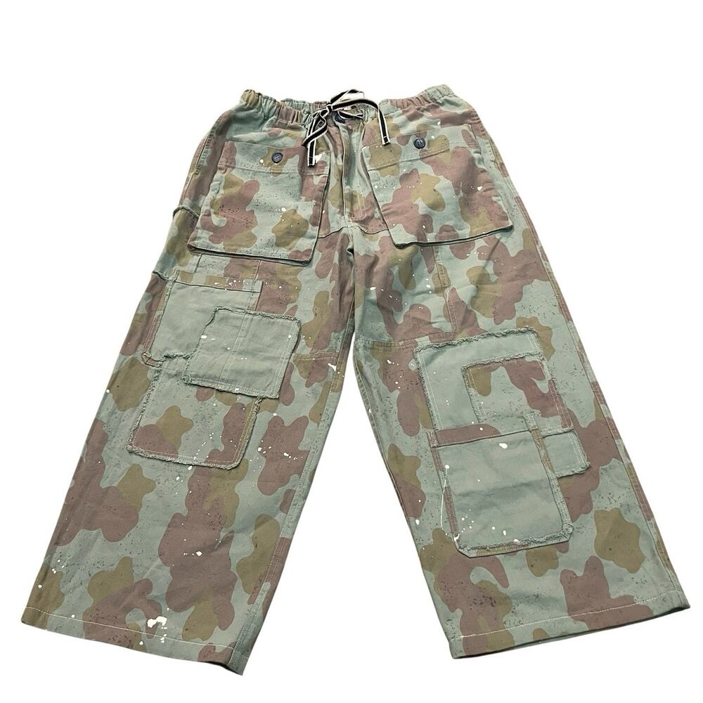 Womens Camo Paint Splatter Print Pants Small Barrel Leg Patchwork Baggy Army